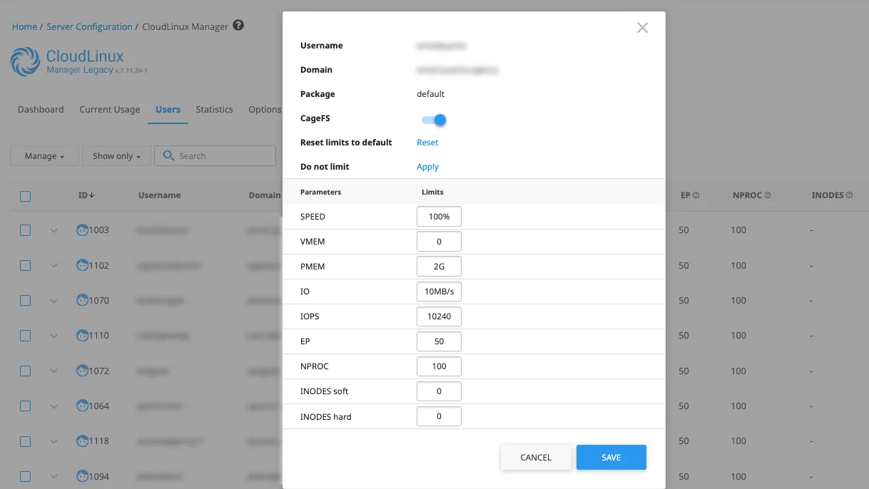 CloudLinux LVE Settings