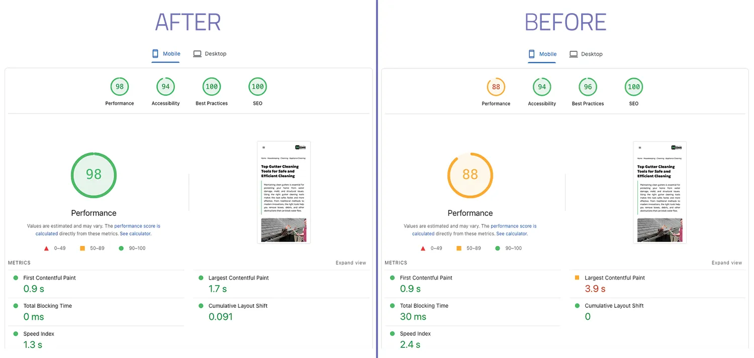 نمونه قبل و بعد LCP برای تغییرات عکس اصلی