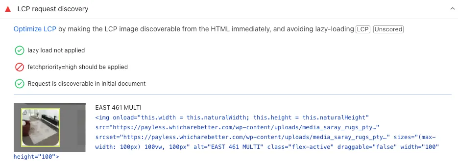 نمونه خطای LCP discovery issue