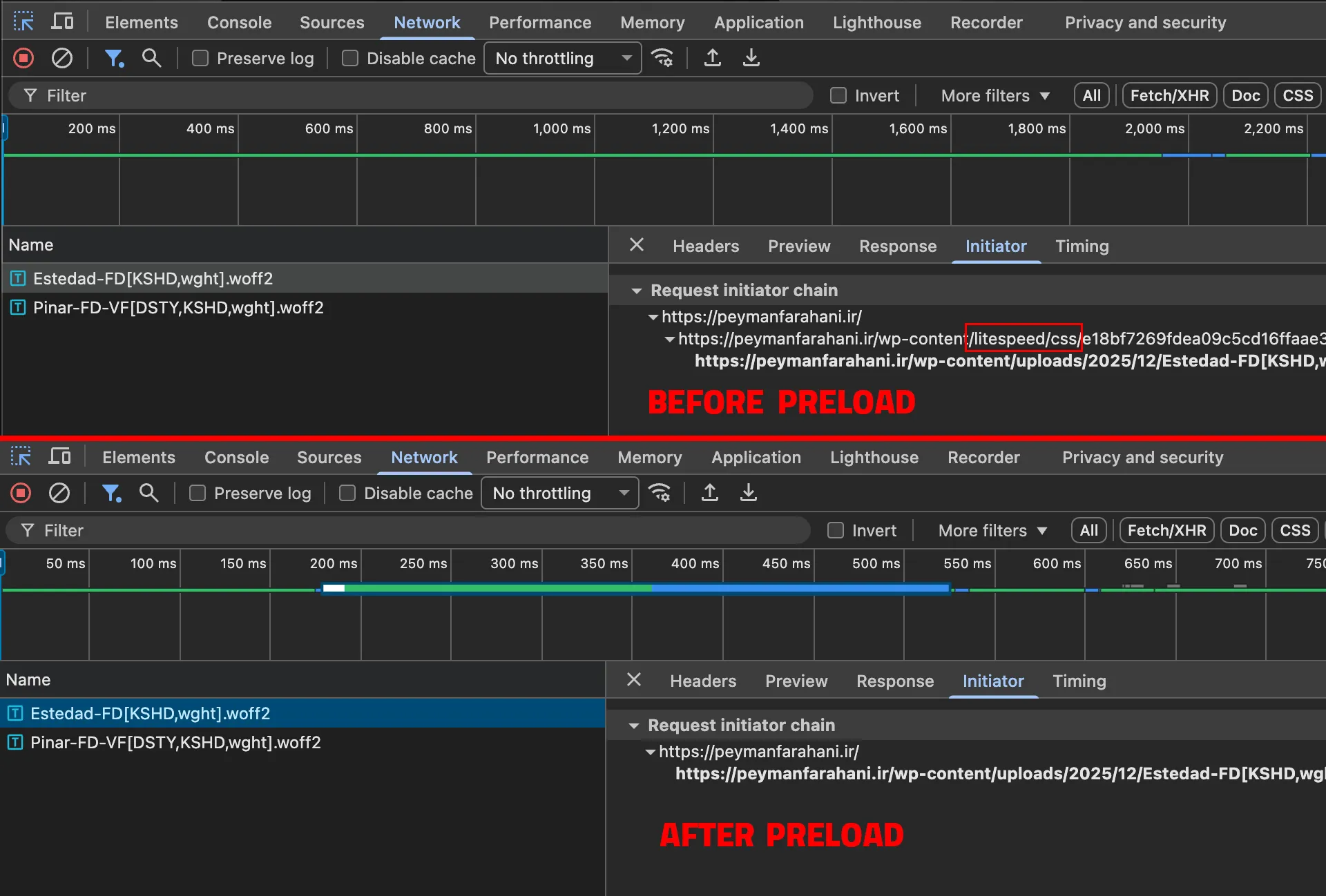 مقایسه قبل و بعد پریلود فونت روی سایت